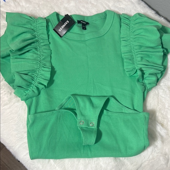 Express Tops - Express Bright Green Ruffle Sleeve Bodysuit